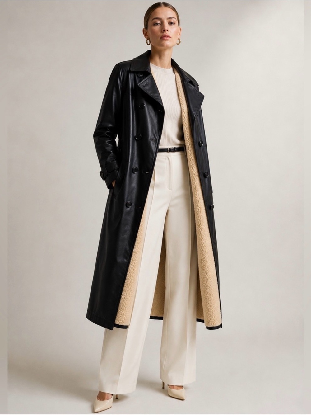 Marc Jacobs Lamb Leather Black Double Breasted Trench Coat Sherpa Long Designer